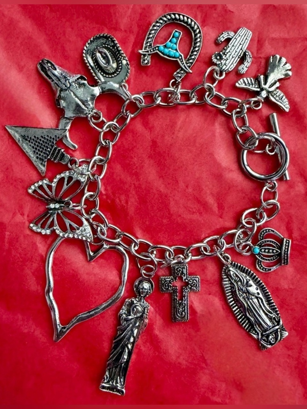 Silver Charm Bracelet Western Cowboy South West Texas Mexican Spiritual Theme🌵